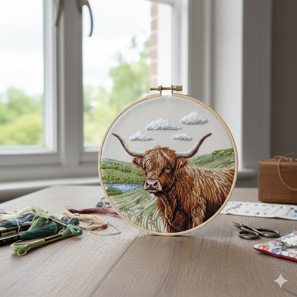 a highland cow embroidery project within a wooden hoop