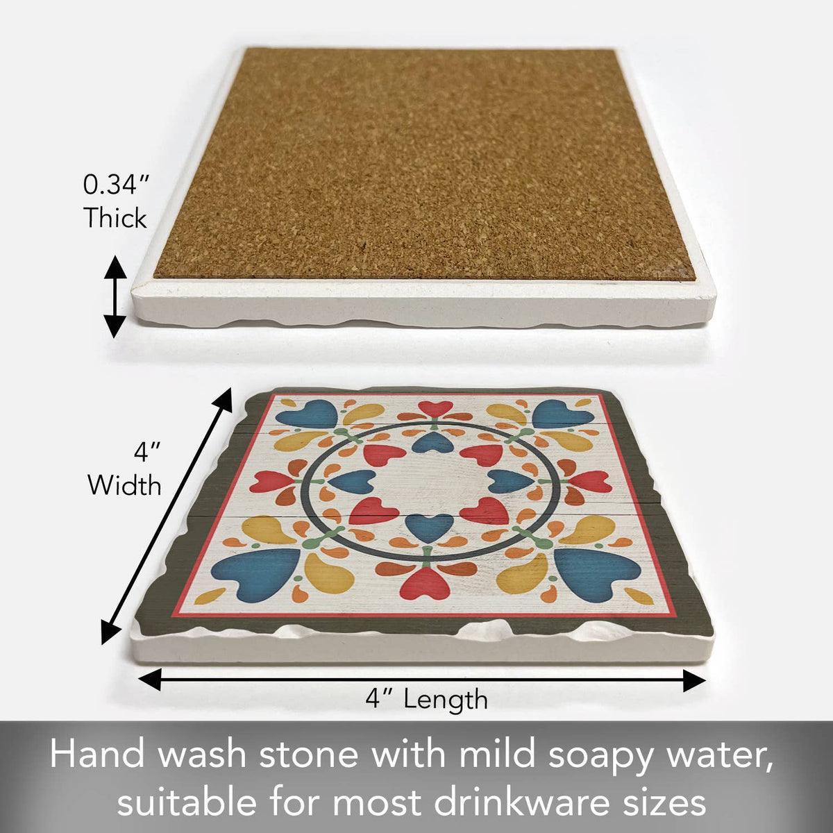 Folk Hearts & Flowers Single Absorbent Tumbled Tile Coaster