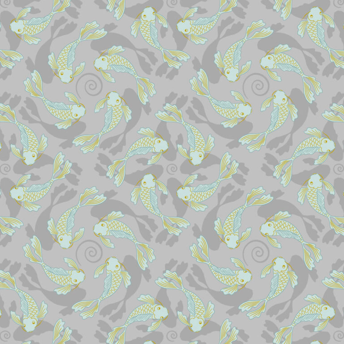 Sakura | Swimming Koi on Gray with Gold Metallic