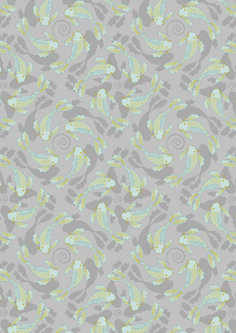 Sakura | Swimming Koi on Gray with Gold Metallic