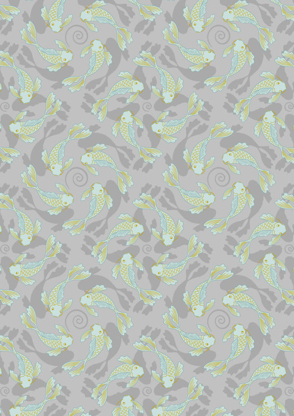 Sakura | Swimming Koi on Gray with Gold Metallic
