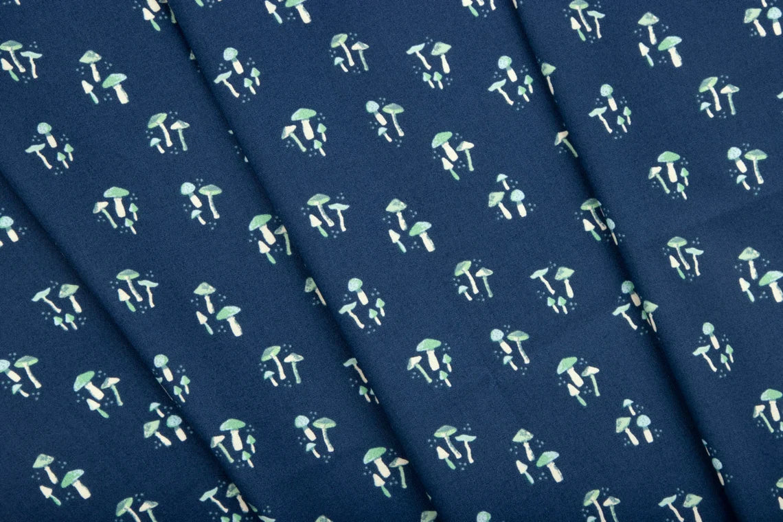 Riley Blake Wildwood Wander Mushrooms Navy - Sold by the 1/2 Yard