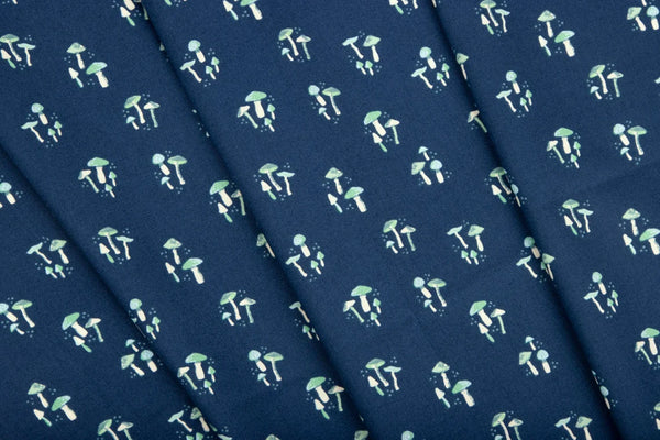 Riley Blake Wildwood Wander Mushrooms Navy - Sold by the 1/2 Yard