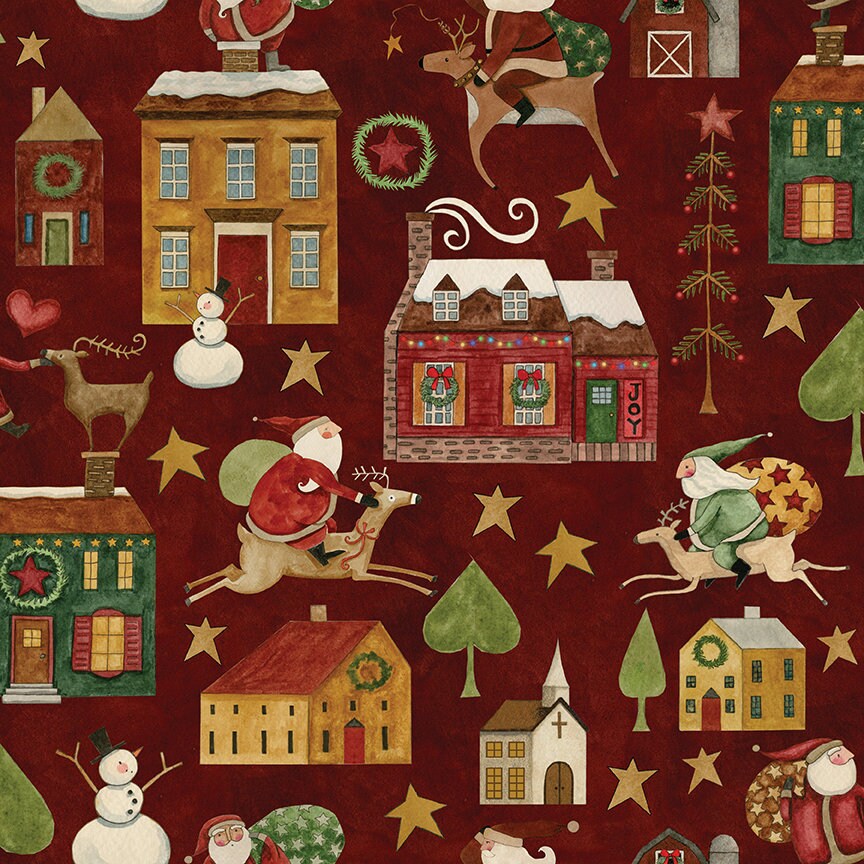 Up on the Housetop Main Cranberry Riley Blake Quilting Fabric - Sold by the 1/2 Yard