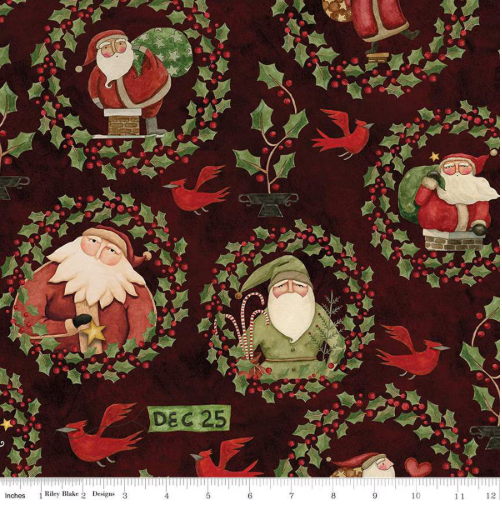 Up on the Housetop Santa Holly Dark Cranberry Riley Blake Quilting Fabric - Sold by the 1/2 Yard