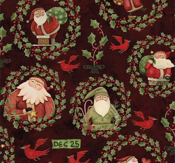 Up on the Housetop Santa Holly Dark Cranberry Quilting Fabric | Sold by the 1/2 Yard