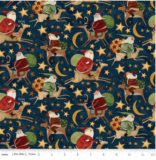 Up on the Housetop Santa Rides Midnight Riley Blake Quilting Fabric - Sold by the 1/2 Yard