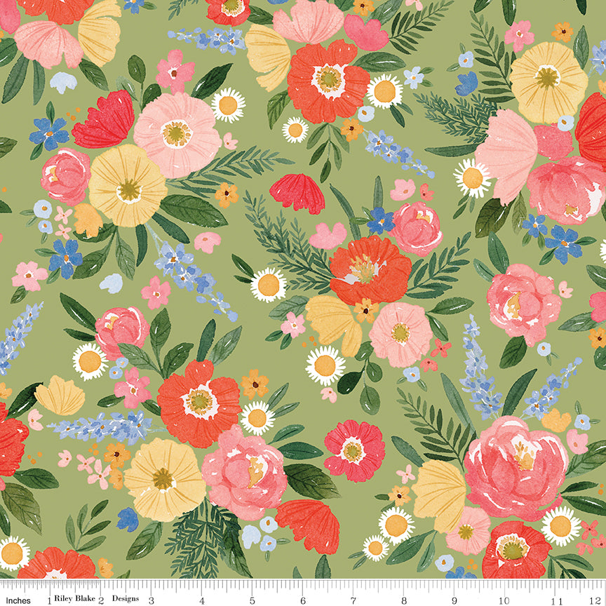 Riley Blake Floral Charms Main Green - Sold by the 1/2 Yard
