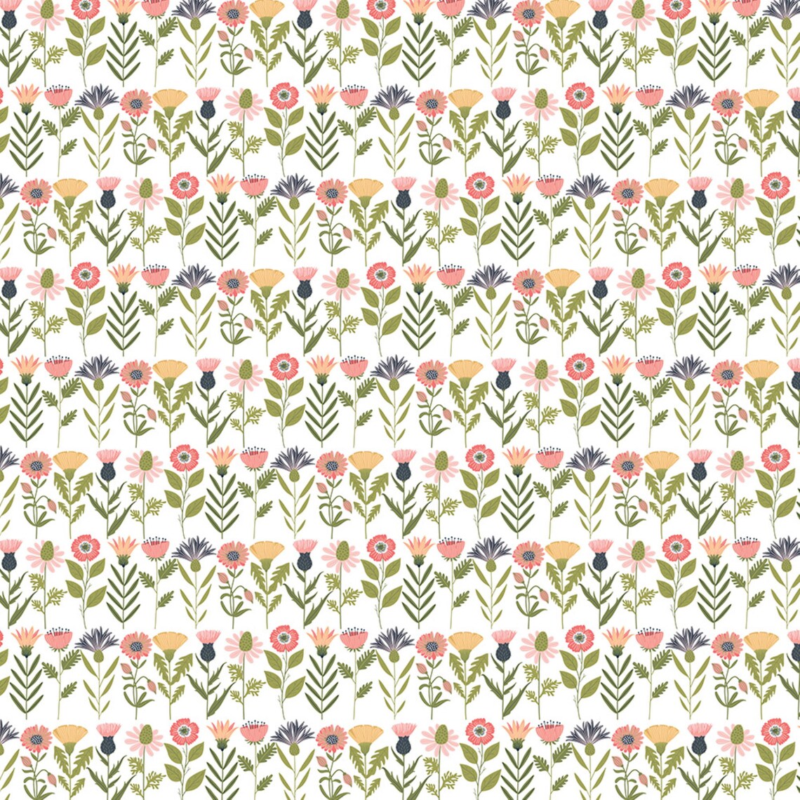 Pattern of small flowers and leaves on a white background