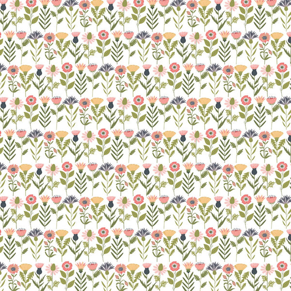 Pattern of small flowers and leaves on a white background