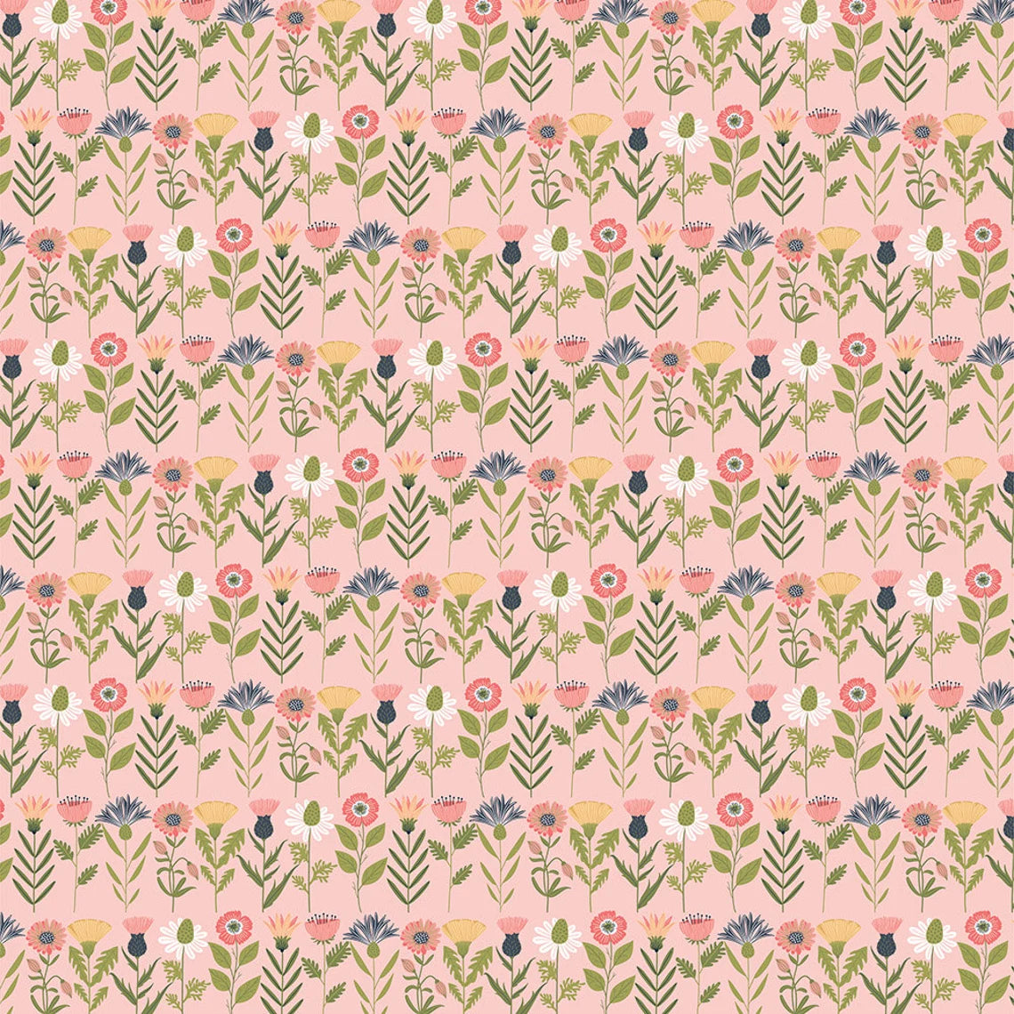 Pattern of small flowers and leaves on a pink background