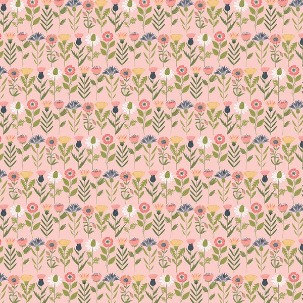 Pattern of small flowers and leaves on a pink background