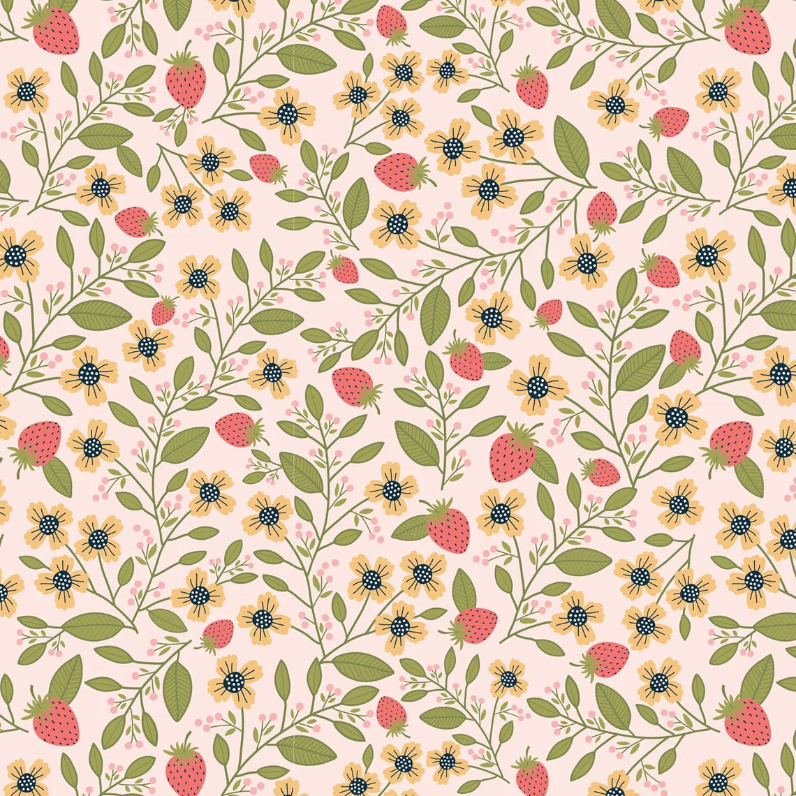 Floral and berry pattern on a light pink background