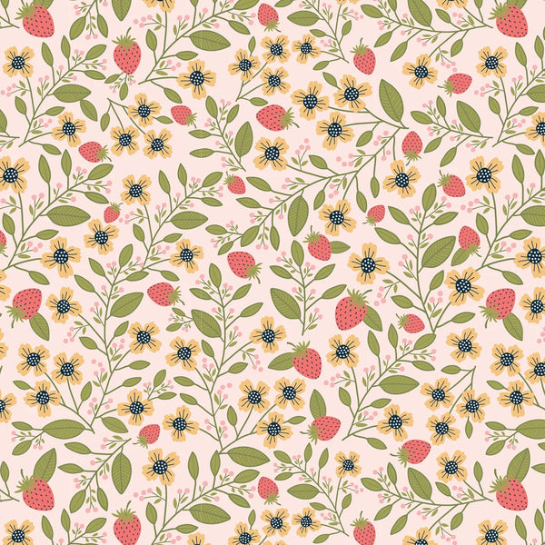Floral and berry pattern on a light pink background