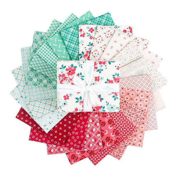 Collection of colorful fabric squares with floral patterns on a white background