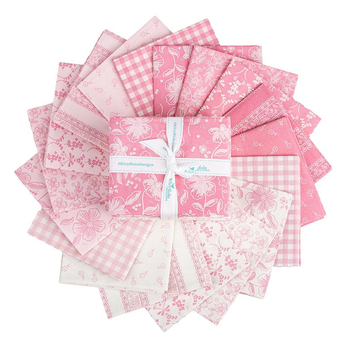 Collection of pink fabric squares with a central bundle, on a white background