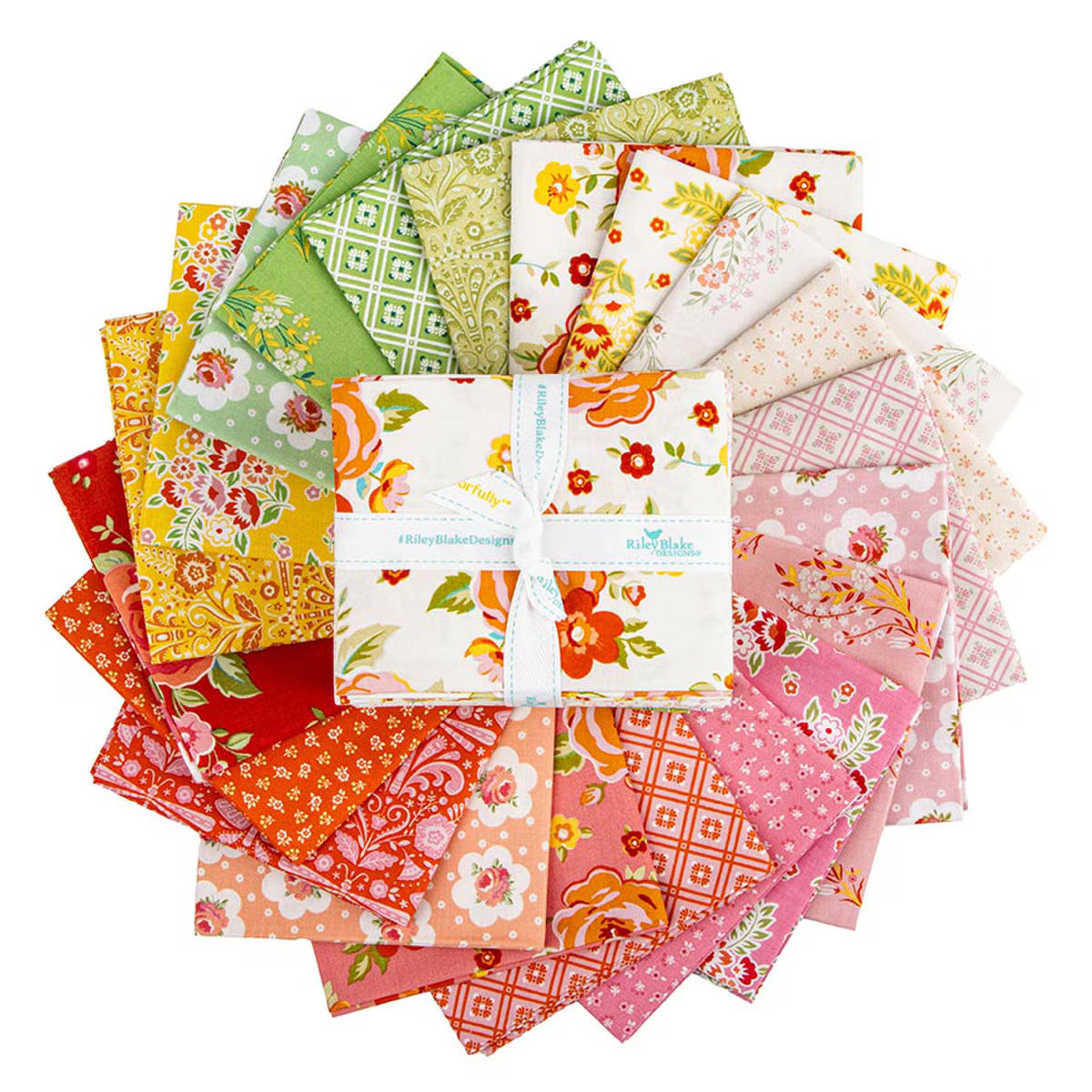 Collection of colorful fabric squares with various patterns on a white background