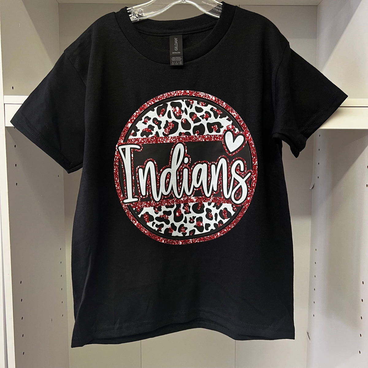 Groveton Indians Red Sparkle Leopard Print YOUTH Black Gildan T-Shirt