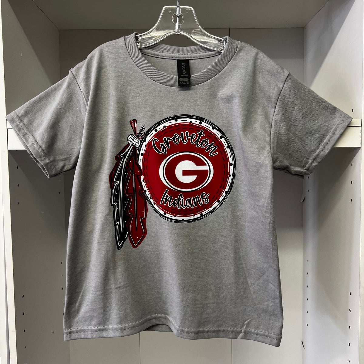 Groveton Indians Red Feather YOUTH Grey Gildan T-Shirt