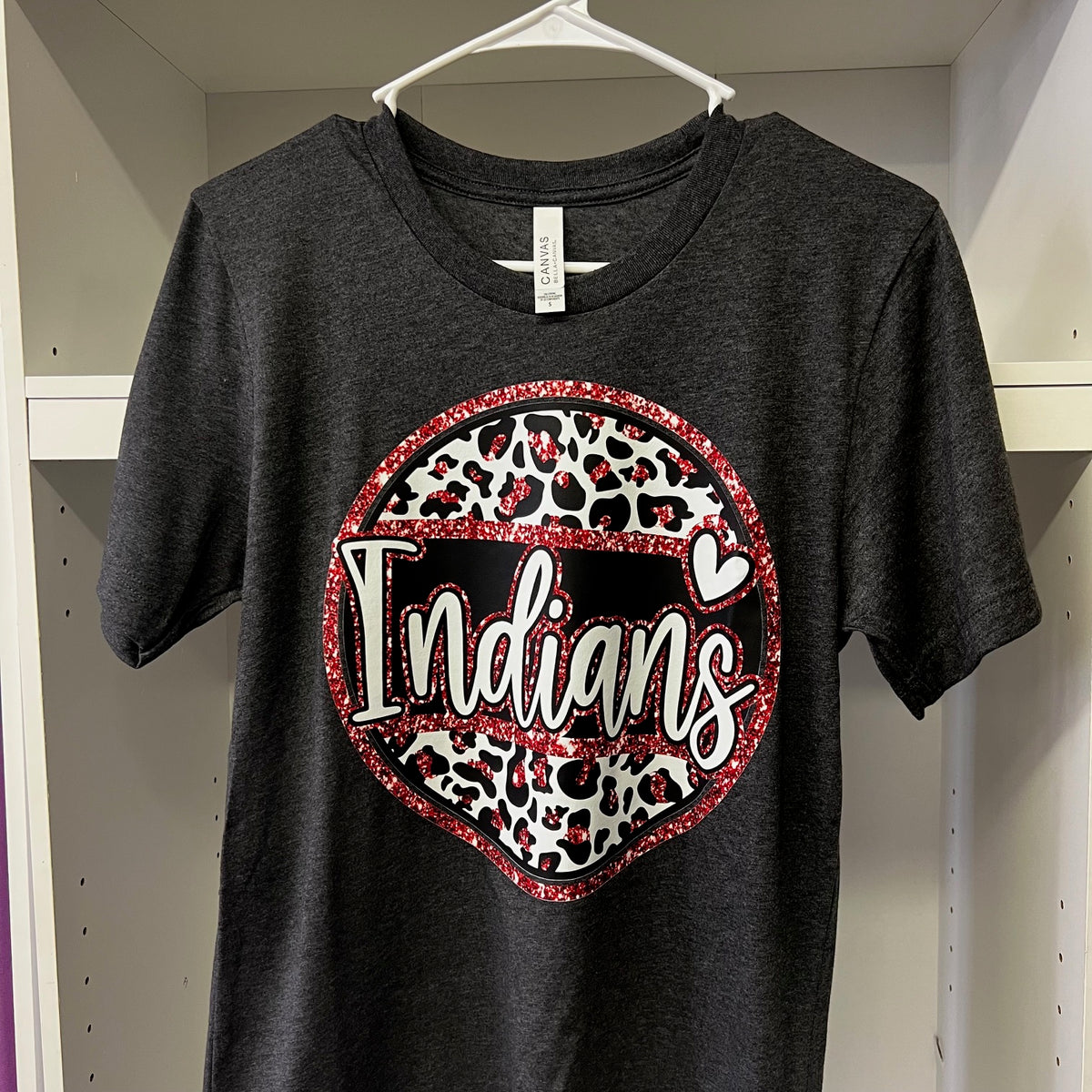 Groveton Indians Red Sparkle Leopard Print ADULT Heather Grey Bella T-Shirt