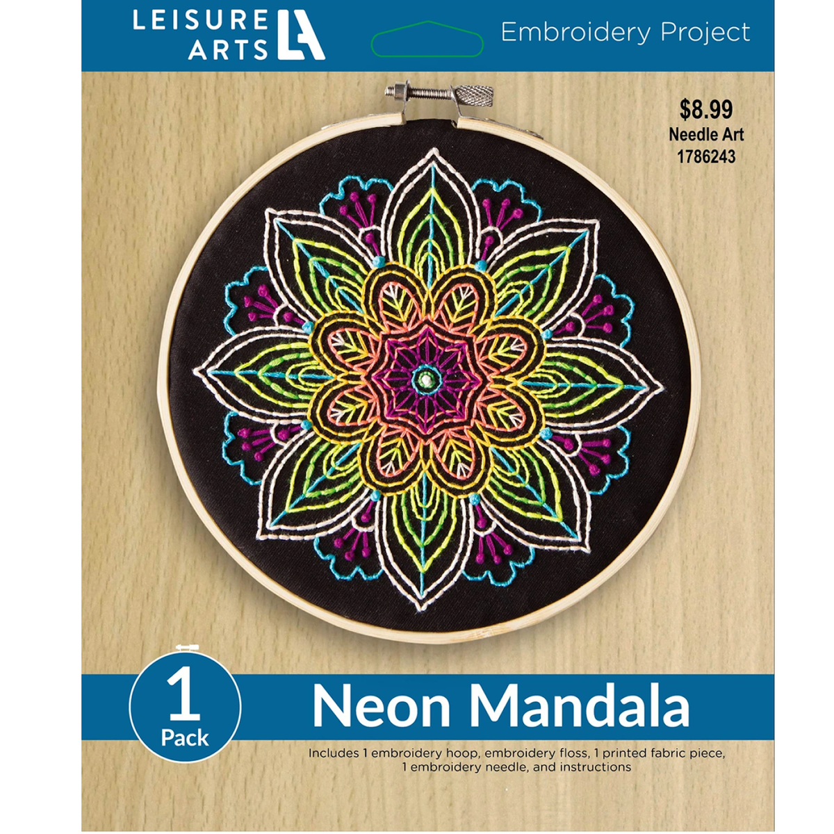 Leisure Arts Embroidery Kit 6" Neon Mandala