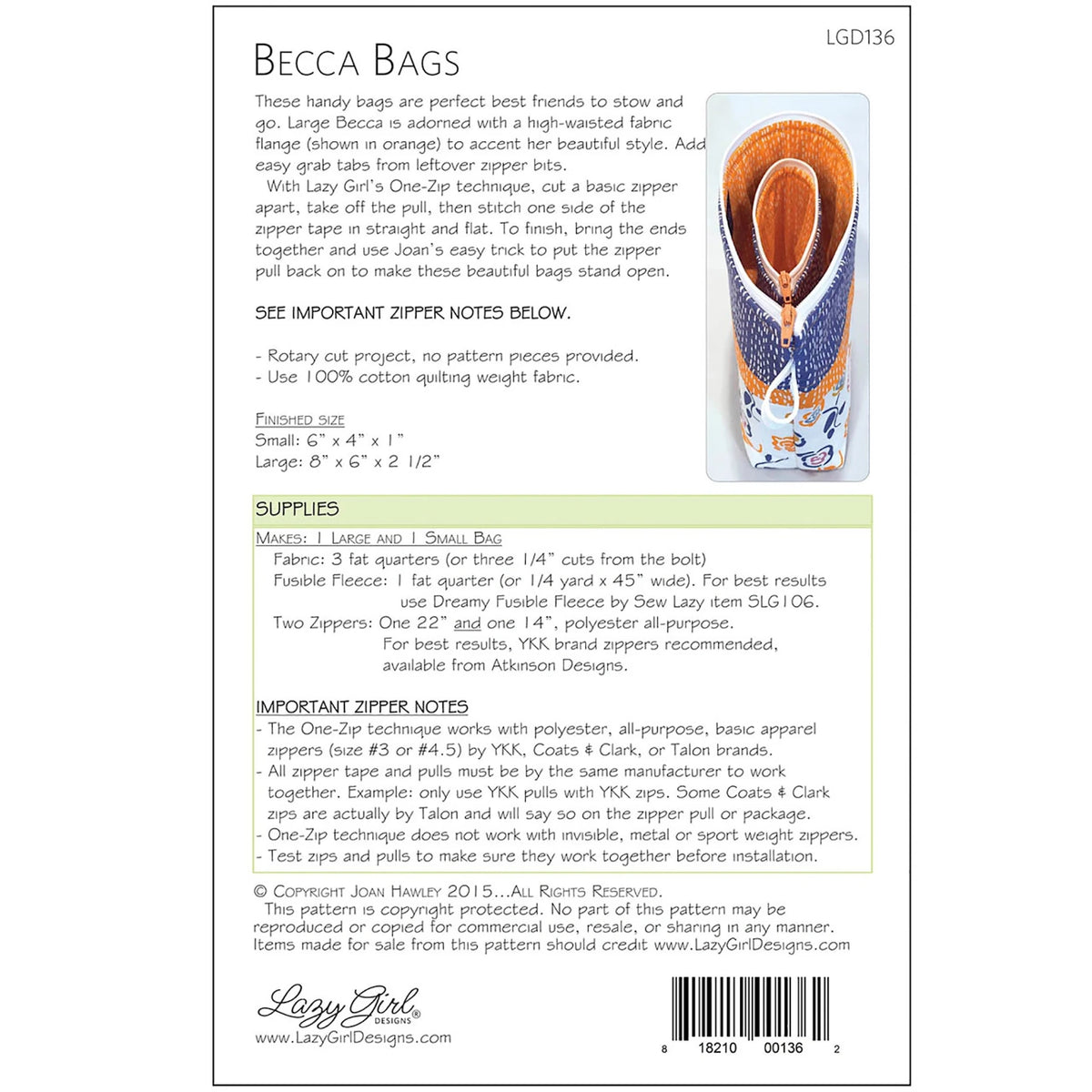 Becca Bags Zippered Make-up Bag Paper Pattern