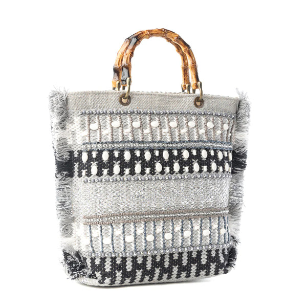 Tundra Trail Hand Embroidered Tote Bag in Silver Dune