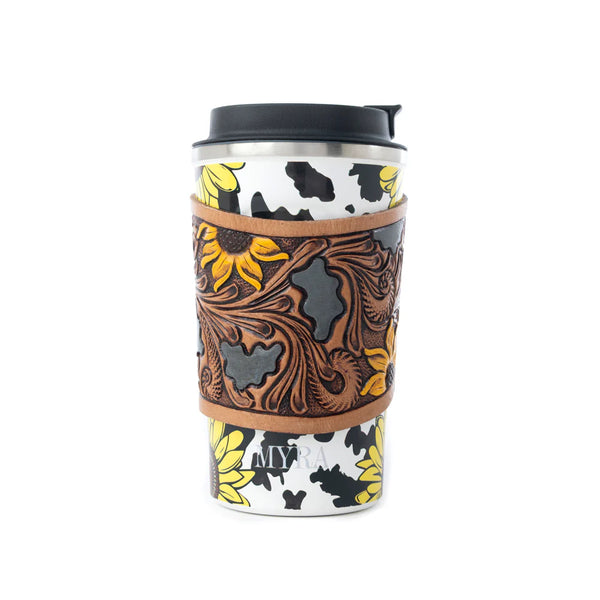 Western Trail Brew Stainless Steel Mug Tumbler in Sunflower Yellow and Cow Print