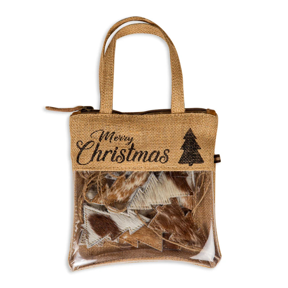 Christmas Tree Hair-On Hide Ornament Set of 10 in Brown