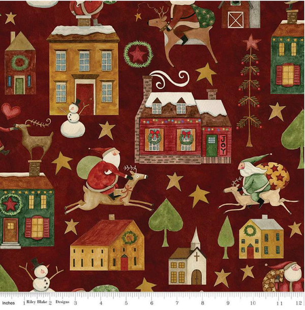 Up on the Housetop Main Cranberry Quilting Fabric | Sold by the 1/2 Yard
