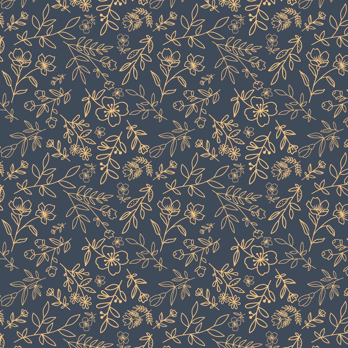 Pattern of gold flowers and leaves on a blue background