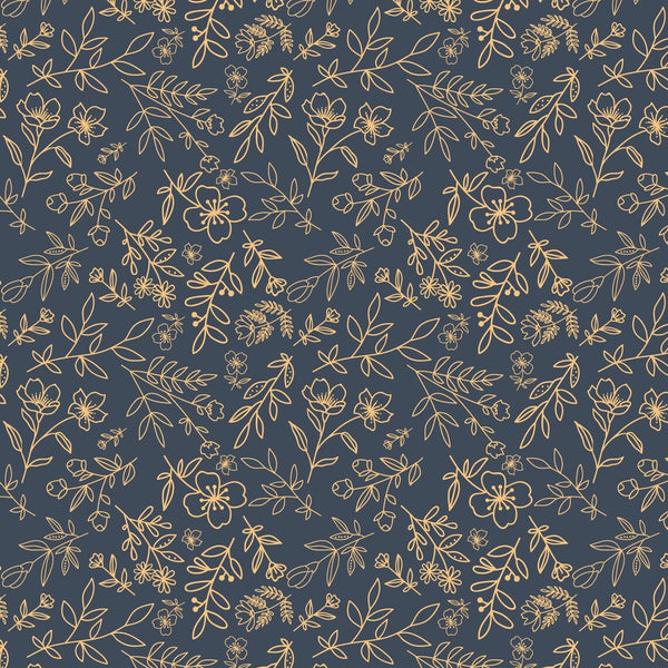 Pattern of gold flowers and leaves on a blue background