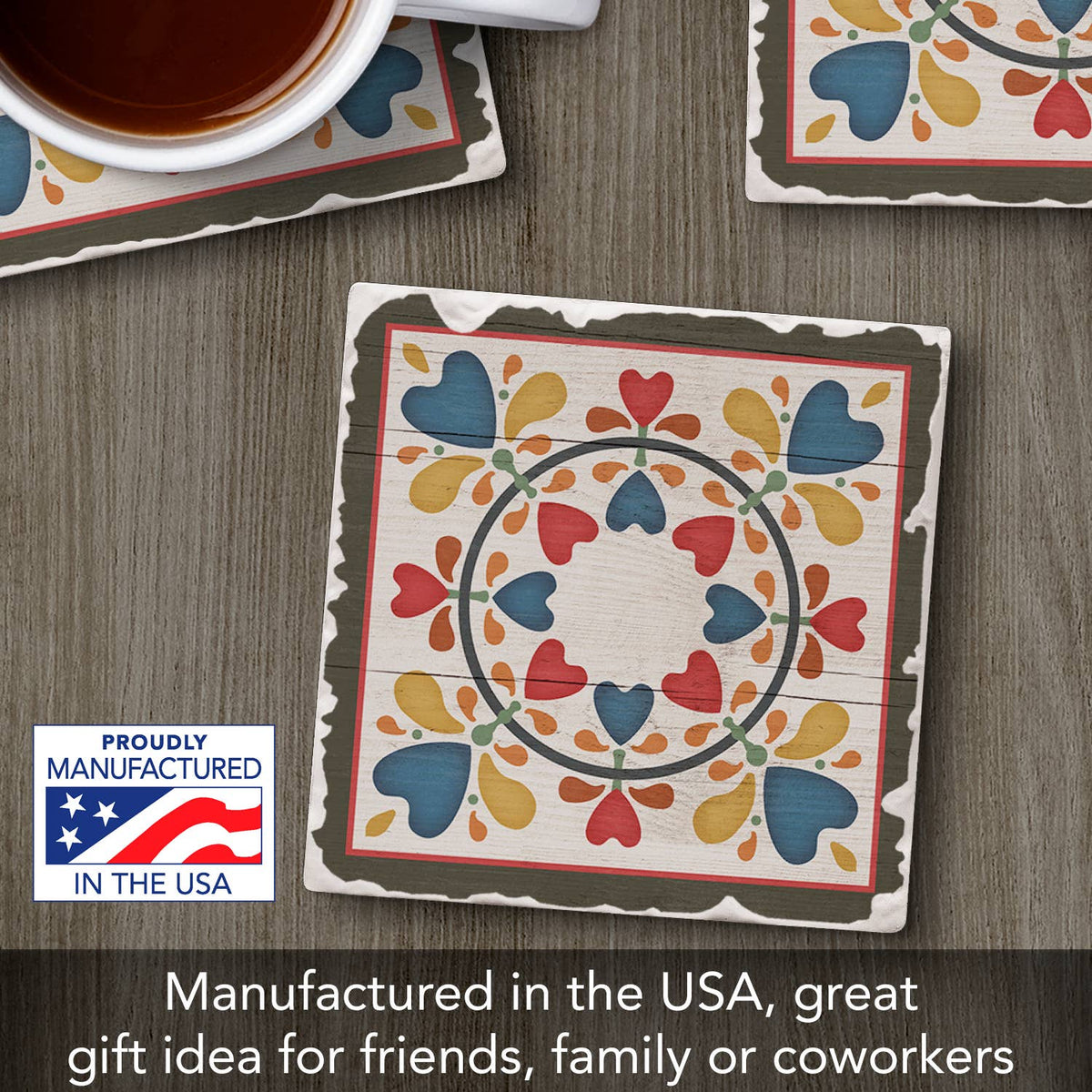 Folk Hearts & Flowers Single Absorbent Tumbled Tile Coaster