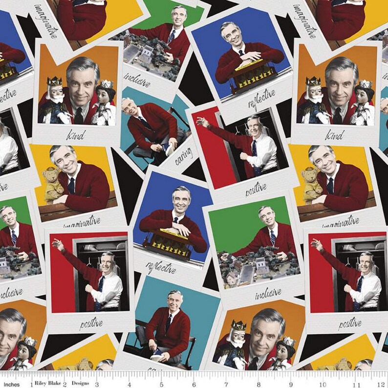 Riley Blake Mr. Rogers' Neighborhood Polaroids on Black - Sold by the 1/2 Yard