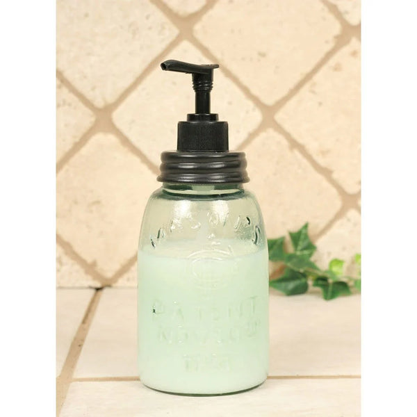 Green Mason Jar Glass Midget Pint w/ Black Lid & Pump Soap / Lotion Dispenser