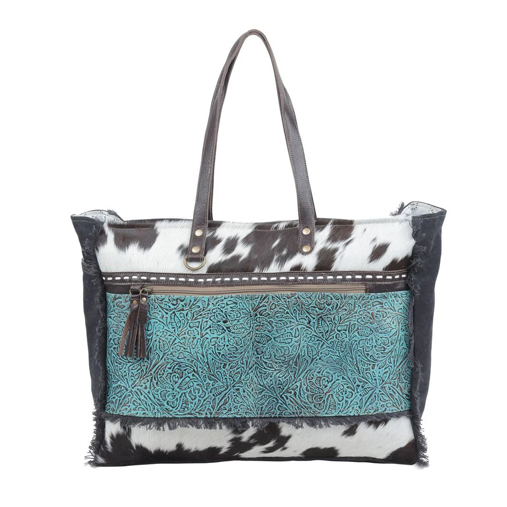 Sea Grass Canvas and Hide on Hair Leather Weekender Bag