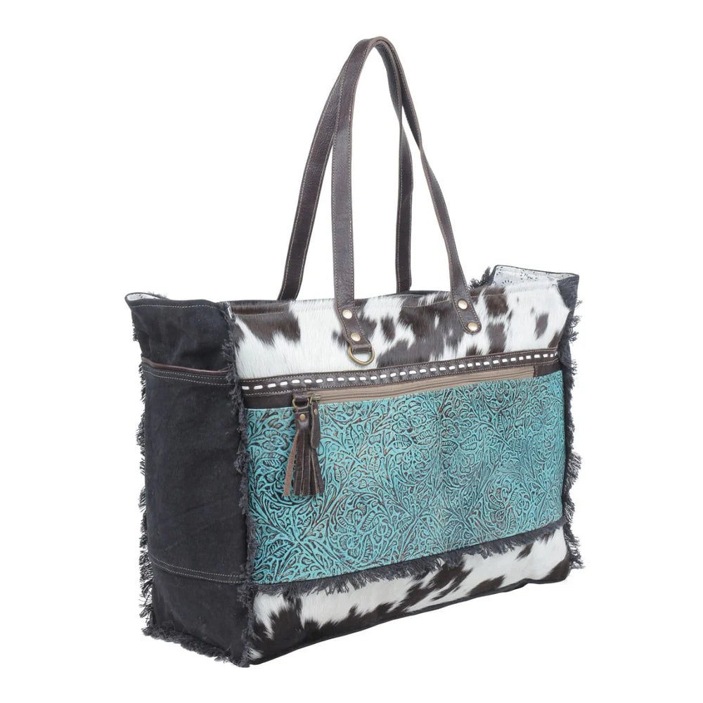 Sea Grass Canvas and Hide on Hair Leather Weekender Bag